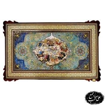 تابلو نقاشی اسب و چوگان و تذهیب با قاب خاتم اصفهان
