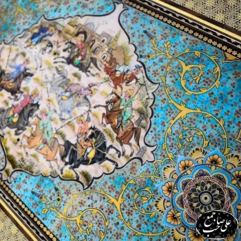 تابلو نقاشی اسب و چوگان و تذهیب با قاب خاتم اصفهان - Image 2