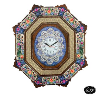 ساعت دیواری خاتم و مینا بیضی با نقاشی گل و مرغ