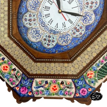 ساعت دیواری خاتم و مینا بیضی با نقاشی گل و مرغ - Image 2