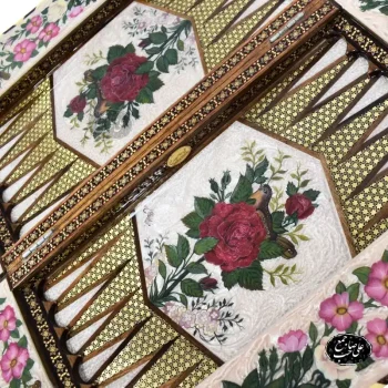 تخته نرد شطرنج هشت گوشه خاتمکاری 60 سانتی اعلاء نقاشی گل و مرغ کد 126 - Image 4