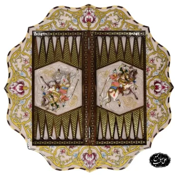 تخته نرد و شطرنج کنگره‌ای خاتمکاری طرح اسب‌وچوگان کد 127 - Image 2