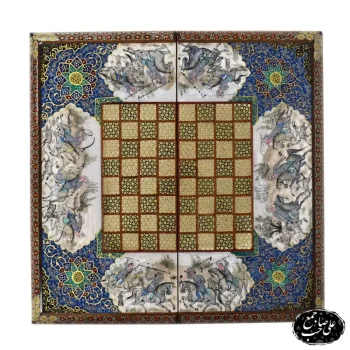 تخته نرد شطرنج 40 سانتی لبگرد خاتمکاری طرح اسب_وچوگان کد 136 (3)