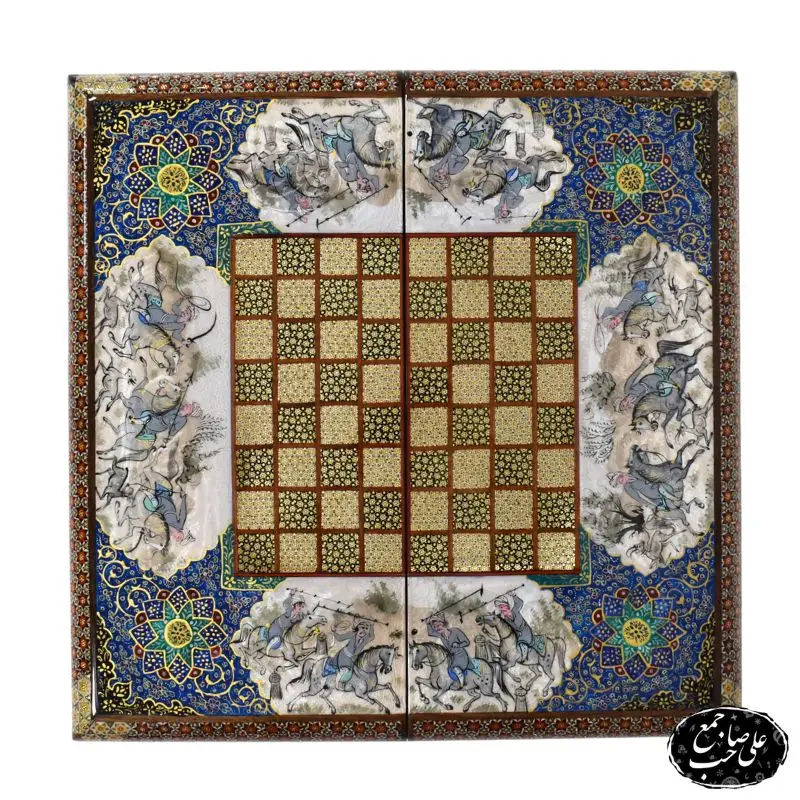 تخته نرد شطرنج 40 سانتی لبگرد خاتمکاری طرح اسب_وچوگان کد 136 (3)