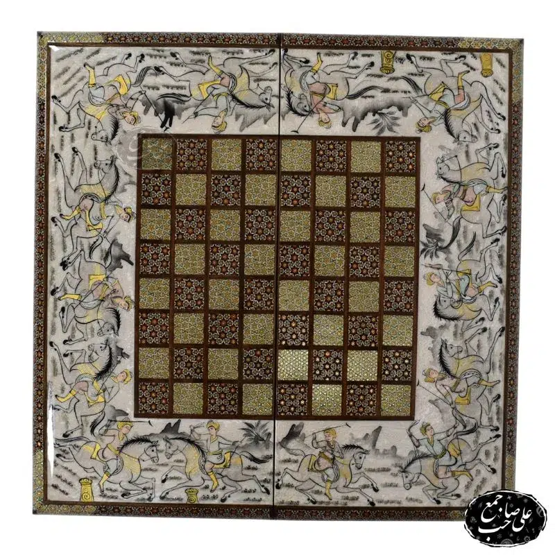 تخته نرد خاتم با نگارگری چوگان سیاه قلم 50 در 50 کد 145 (4)