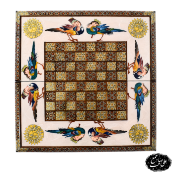 تخته‌نرد و شطرنج تمام خاتم نقاشی اصیل ایرانی طرح عاشقانه گلو مرغ قاجاری کد142
