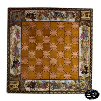 تخته نرد و شطرنج خاتم‌کاری و معرق‌کاری نفیس طرح چوگان و شکارگاه کد 144 (3)