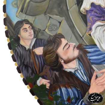 تابلو نقاشی گرد طرح بانو و گیتار فرانسوی با قاب خاتم‌ و چوب اصیل اصفهان