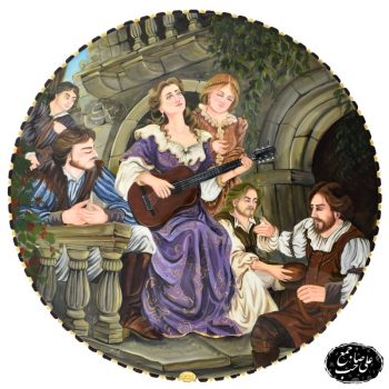 تابلو نقاشی گرد طرح بانو و گیتار فرانسوی با قاب خاتم‌ و چوب اصیل اصفهان