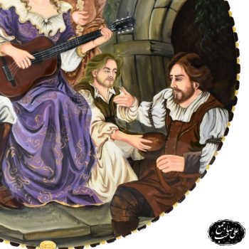 تابلو نقاشی گرد طرح بانو و گیتار فرانسوی با قاب خاتم‌ و چوب اصیل اصفهان