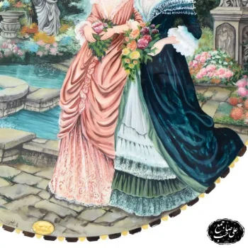 تابلو نقاشی گرد طرح دو زن فرانسوی در باغ با قاب خاتم_ و چوب اصیل اصفهان
