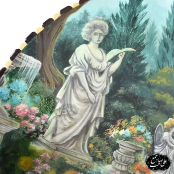 تابلو نقاشی گرد طرح دو زن فرانسوی در باغ با قاب خاتم_ و چوب اصیل اصفهان