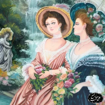 تابلو نقاشی گرد طرح دو زن فرانسوی در باغ با قاب خاتم_ و چوب اصیل اصفهان