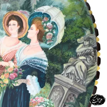 تابلو نقاشی گرد طرح دو زن فرانسوی در باغ با قاب خاتم_ و چوب اصیل اصفهان