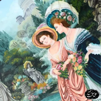 تابلو نقاشی گرد طرح دو زن فرانسوی در باغ با قاب خاتم_ و چوب اصیل اصفهان