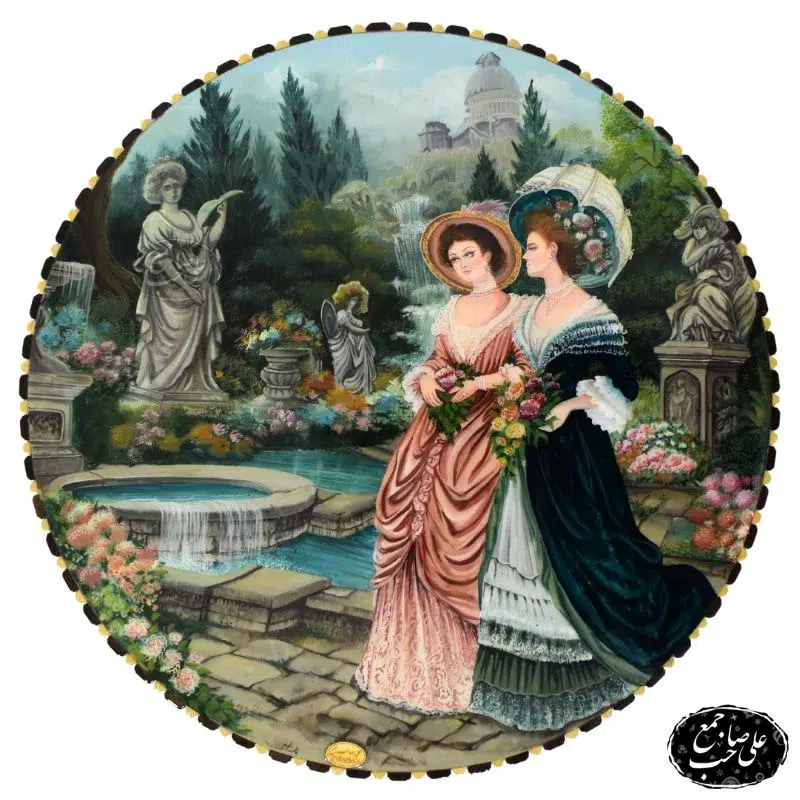 تابلو نقاشی گرد طرح دو زن فرانسوی در باغ با قاب خاتم_ و چوب اصیل اصفهان