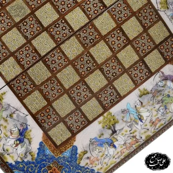 خرید تخته نرد و شطرنج خاتم‌کاری طرح چوگان و شکارگاه ۵۰ سانت کد ۱۴۷