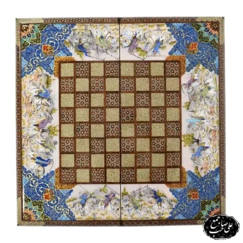 خرید تخته نرد و شطرنج خاتم‌کاری طرح چوگان و شکارگاه ۵۰ سانت کد ۱۴۷