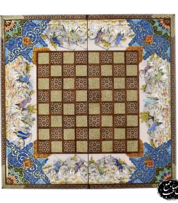 خرید تخته نرد و شطرنج خاتم‌کاری طرح چوگان و شکارگاه ۵۰ سانت کد ۱۴۷