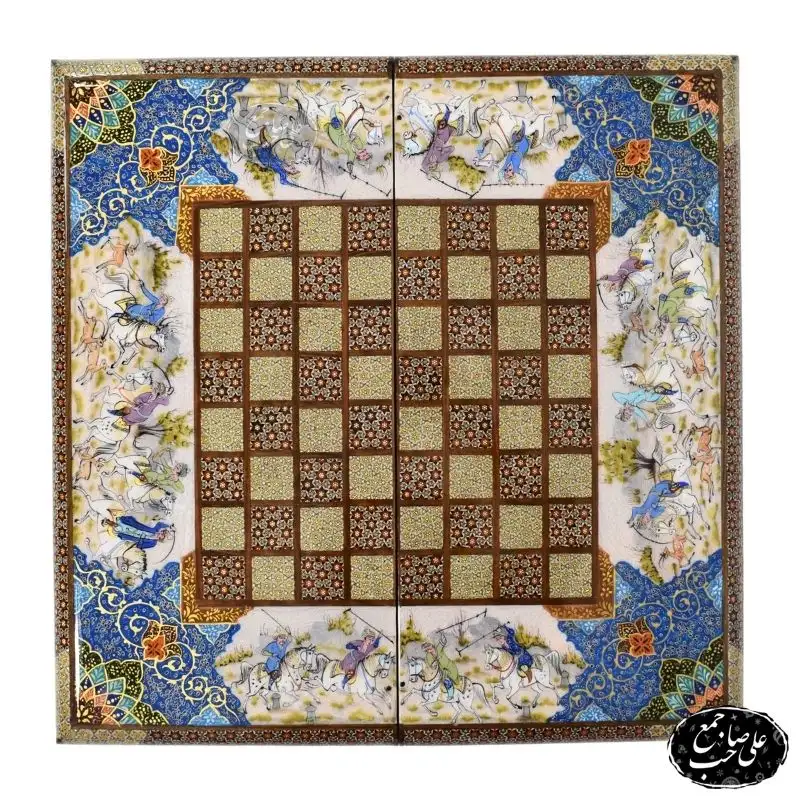 خرید تخته نرد و شطرنج خاتم‌کاری طرح چوگان و شکارگاه ۵۰ سانت کد ۱۴۷