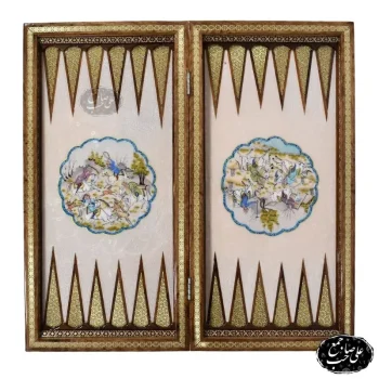 خرید تخته نرد و شطرنج خاتم‌کاری طرح چوگان و شکارگاه ۵۰ سانت کد ۱۴۷