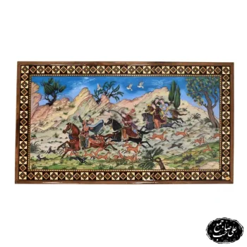 تابلو مینیاتور طرح شکارگاه سلطنتی با قاب خاتم_کاری اعلا (10)
