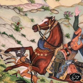 تابلو مینیاتور طرح شکارگاه سلطنتی با قاب خاتم‌کاری اعلاء - Image 7