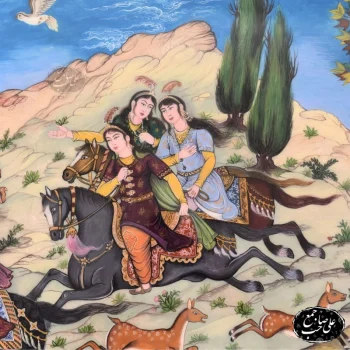 تابلو مینیاتور طرح شکارگاه سلطنتی با قاب خاتم‌کاری اعلاء - Image 8