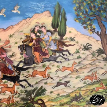 تابلو مینیاتور طرح شکارگاه سلطنتی با قاب خاتم‌کاری اعلاء - Image 6