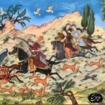 تابلو مینیاتور طرح شکارگاه سلطنتی با قاب خاتم‌کاری اعلاء - Image 3