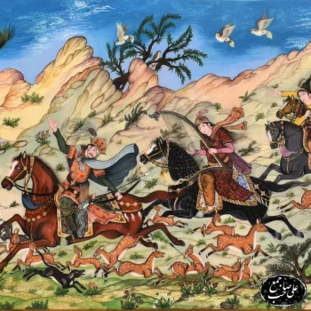 تابلو مینیاتور طرح شکارگاه سلطنتی با قاب خاتم‌کاری اعلاء - Image 2
