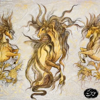 تابلوی نقاشی نگارگری اسب وحشی خاتم‌کاری روی صدف - Image 3