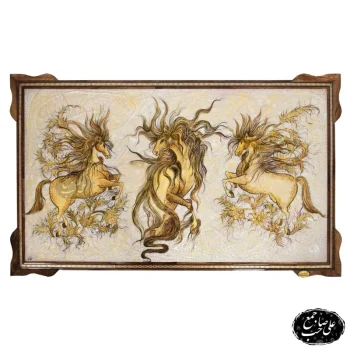 تابلوی نقاشی نگارگری اسب وحشی خاتم‌کاری روی صدف