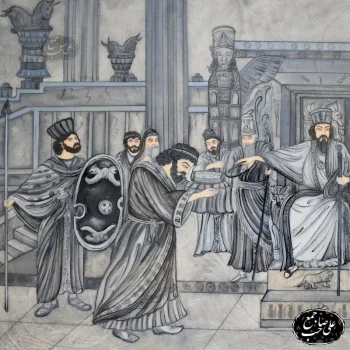 تابلوی هنری کوروش بزرگ و منشور حقوق در سبک سیاه قلم خاتم - Image 3