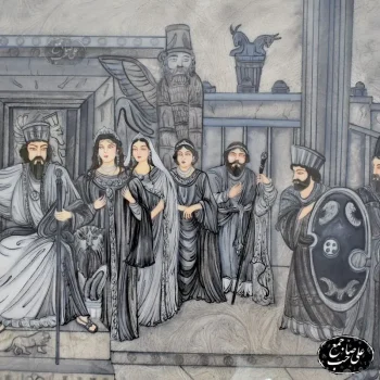 تابلوی هنری کوروش بزرگ و منشور حقوق در سبک سیاه قلم خاتم - Image 2