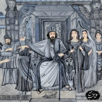 تابلوی هنری کوروش بزرگ و منشور حقوق در سبک سیاه قلم خاتم - Image 4