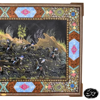 تابلو مینیاتور خاتمکاری اصل اصفهان نقاشی شکار و چوگان طرح سفید قلم - Image 3