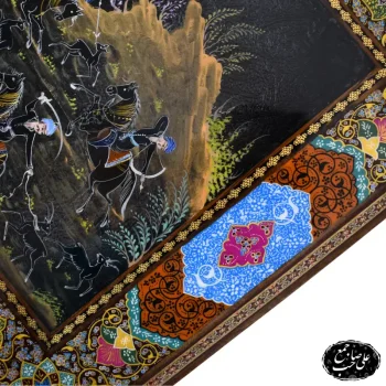 تابلو مینیاتور خاتمکاری اصل اصفهان نقاشی شکار و چوگان طرح سفید قلم - Image 2