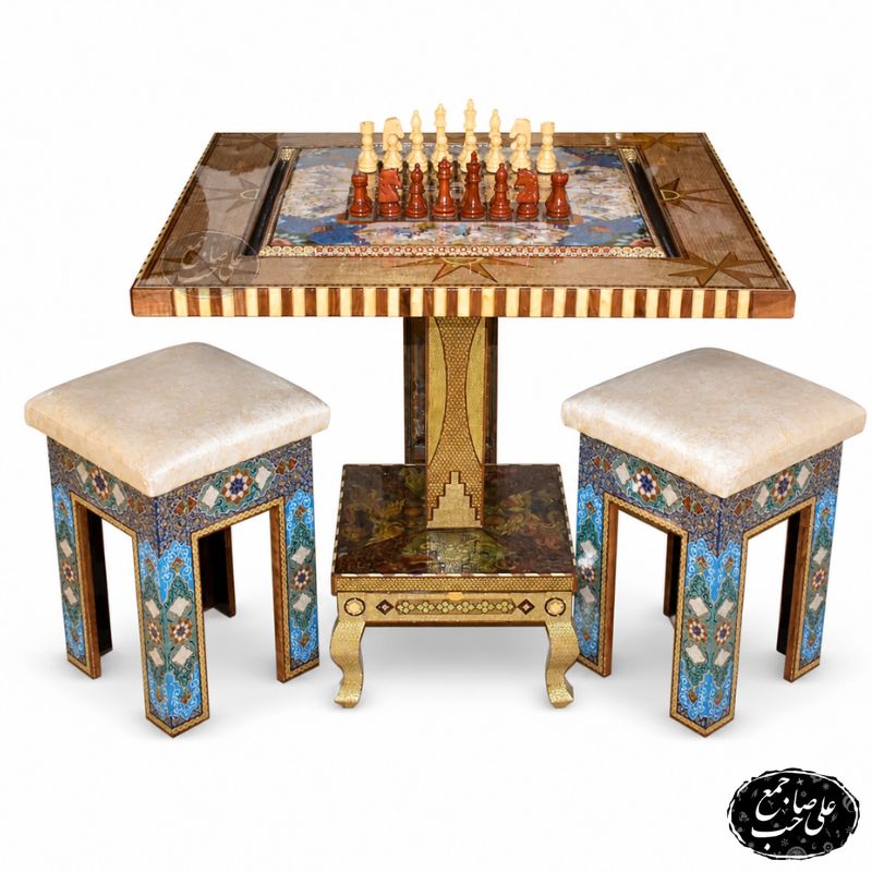 میز بازی شطرنج و تخته نرد خاتم‌کاری لوکس مربع و 2 عد چهار پایه